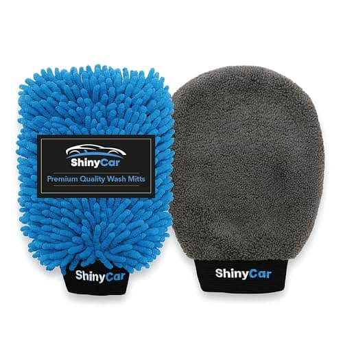 Image of ShinyCar® UK: 2x Microfibre Car Washing Mitts: Streak-Free Noodle Glove for Lifting Dirt & Bug Remover with Fleece Polishing Side, Scratch-Free Cleaning, Safer On Paintwork Than Sponges or Wash Cloths