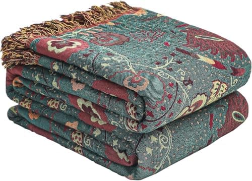 Image of HOORDRY Boho Cotton Bed Throw Blanket with Dark Green Anemone Flower Pattern & Tassel Design - Ultra Soft Rustic Quilt for Farmhouse Decor, Sofa, Couch, Chair,Fit All Season 150x200CM (60"x80")
