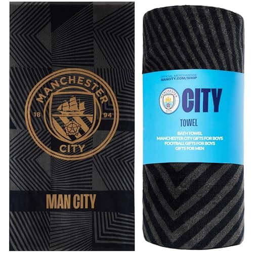 Image of MANCHESTER CITY F.C. Bath Towel for Men Women Teens Boys 100% Cotton Quick Dry Football Crest Beach Towel Swim Gym Holiday Shower Supporters' Gear 137 x 69cm (Black, 137x68.5cm)