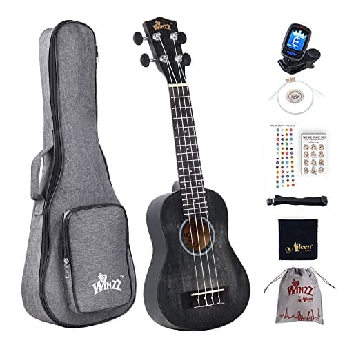 Image of Winzz Kids Adults Ukulele Soprano Beginner Kit 21 Inches with 8 Accessories, Unique Color Design–Black
