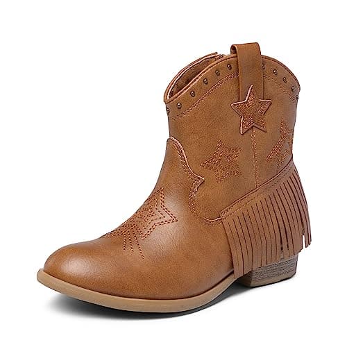 Image of DREAM PAIRS Girls Cowgirl Cowboy Ankle Western Boots Side Zipper Riding Shoes with Tassel Little Kid/Big Kid,Size 13 Little Kid,Camel,SDBO2302K