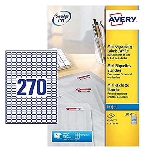 Image of Avery J8659-25 Printable, customisable Mini Filing Labels, 270 Labels Per A4 Sheet, White