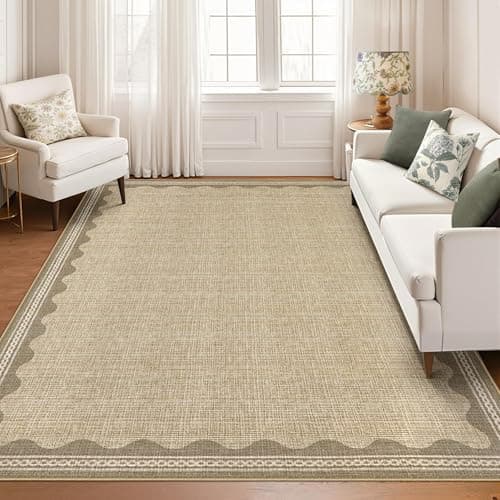Image of Large Area Rugs Living Room 160x230cm Washable Rugs for Bedroom, Non Slip Low Pile Modern Scalloped Indoor Carpet, Stain Resistant Foldable Floor Mat for Nursery, Office, Linen