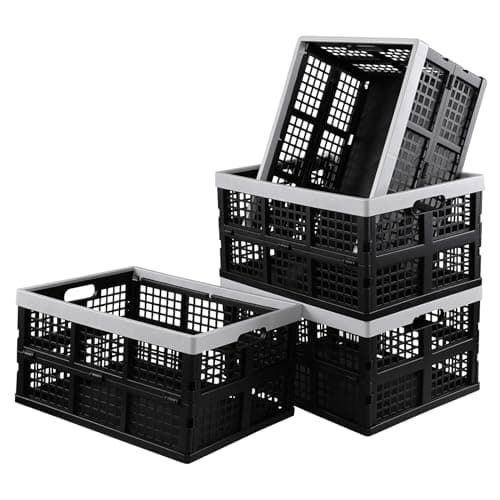 Image of Xyskin 30 Liter Collapsible Crate Folding Storage Bin, Large Stackable Utility Basket/Tote, Black (Pack of 4)