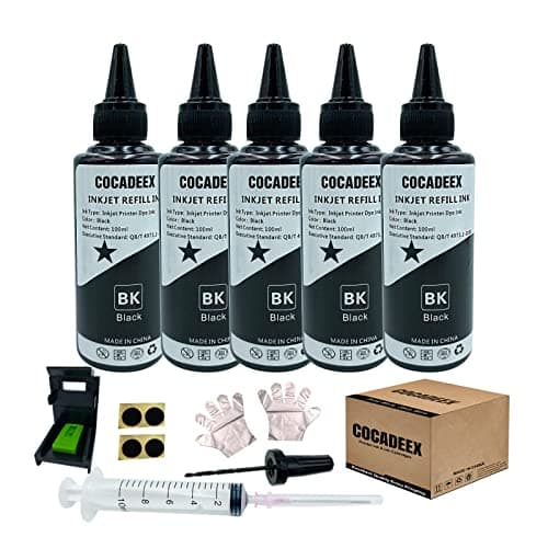 Image of COCADEEX 5 Bottles Black Ink Refill Kit Compatible with Hp Ink Cartridges 307XL 305XL 304XL 303XL 302XL 301XL 650XL 350XL 300XL 62XL 21XL 307 305 304 303 302 301 300 337 339-500ml Black Ink
