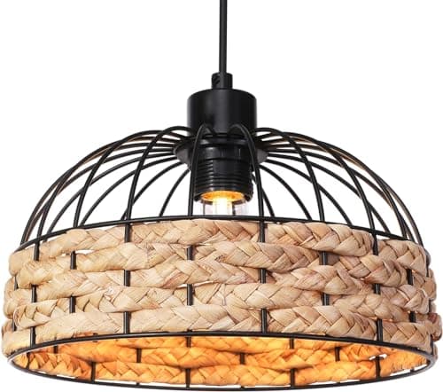 Image of GIGGI Large Metal & Rope Light Shade, Retro Black Lamp Shade with Jute Rope Lamp Shades Ceiling, Rattan Lampshade, Pendant Lampshades for Ceiling Lights, Living Rooms, Kitchen, Bedroom, Hallways