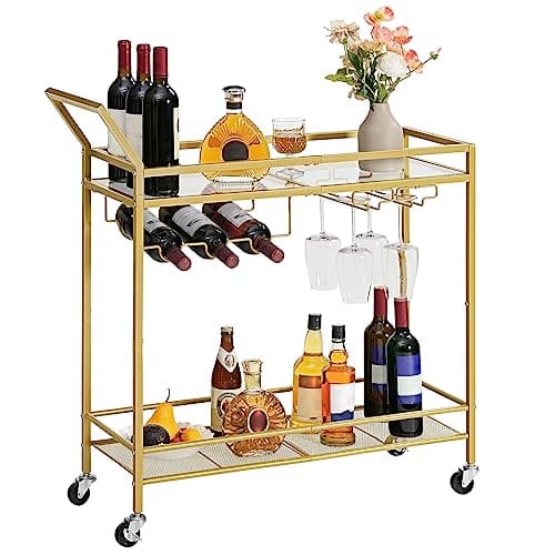 Image of HOOBRO Drinks Trolley Gold, Bar Cart, Bar Trolley, Kitchen Trolley on Wheels, Serving Trolley with Glass Shelf, Wine Rack and Glass Holder, Home Bar Serving Cart for Dining Room, Party, Gold EGD11TC01