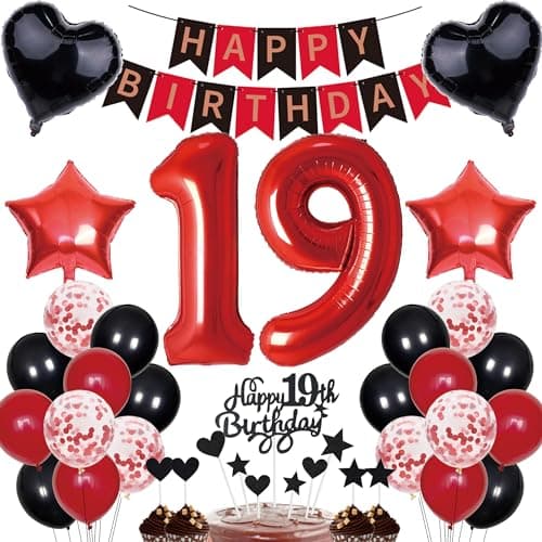 Image of 19th Birthday Decorations for Boy Girl - Red Black Cake Decoration Set with Happy Birthday Banner - Number 19 Party Supplies