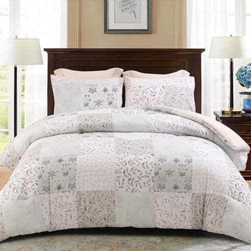 Image of Exclusivo Mezcla Coverless Duvet Set with 2 Pillowcases, 7.5 Tog Double Size Reversible Duvet All Seasons with Patchwork Pattern, Lightweight and Warm, Grey and Camel
