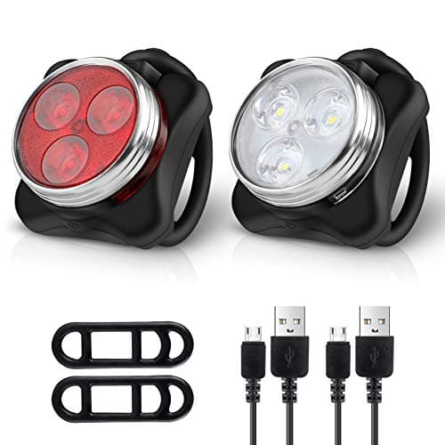 Image of Ascher USB Rechargeable Bike Light Set, Super Bright Front Headlight and Rear LED Bicycle Light,650mah Lithium Battery,4 Light Mode Options(2 USB cables and 4 Strap Included)