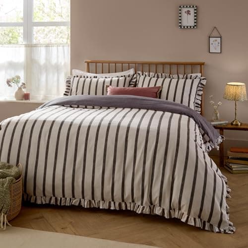 Image of furn. Wylder Connie Duvet Cover Set – Reversible Cotton Rich Stripe Ruffle Linen Look Bedding (Chocolate – Double)