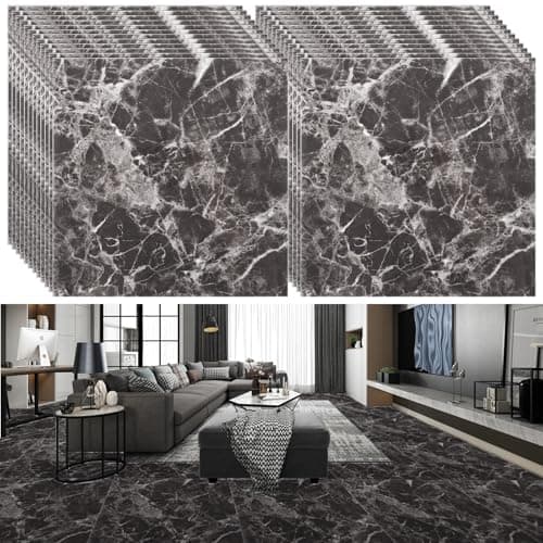 Image of CYEER 24 PCS Grey Flooring Tiles Self Adhesive, Vinyl Floor Tiles Self Adhesive, 30x30cm Black Marble Stick on Floor Tile for Bathroom, Kitchen