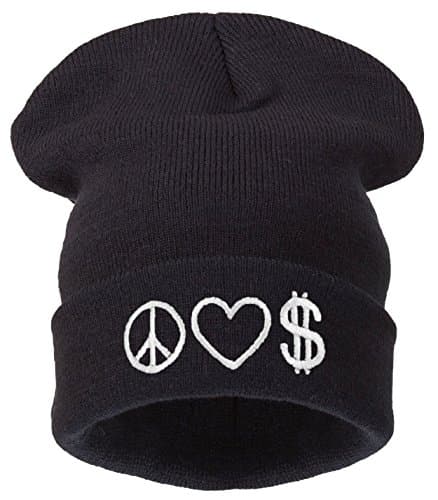 Image of 4sold Men's Women's Beanie Hat Winter Warm Black Bad Hair Day Fun (Peace Love Money (Black))