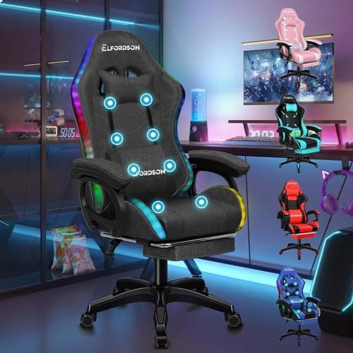 Image of ELFORDSON LED Gaming Chair with 8-Point Massage, Swivel Office Chairs with Head Pillow Lumbar Support, Ergonomic Desk Chair with Armrests Footrest, Fabric Linen, Dark Grey