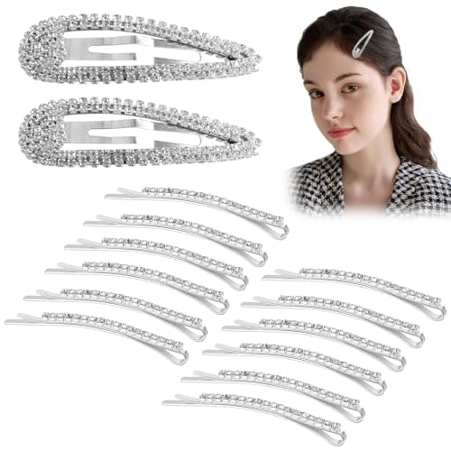 Image of 14 Pcs Rhinestone Hair Clips, 2 Rhinestone Snap Hair Clip + 12 Crystal Bobby Pins, Silver Hair Accessories, Bling Crystal Hair Barrettes for Women Girls Styling, Party