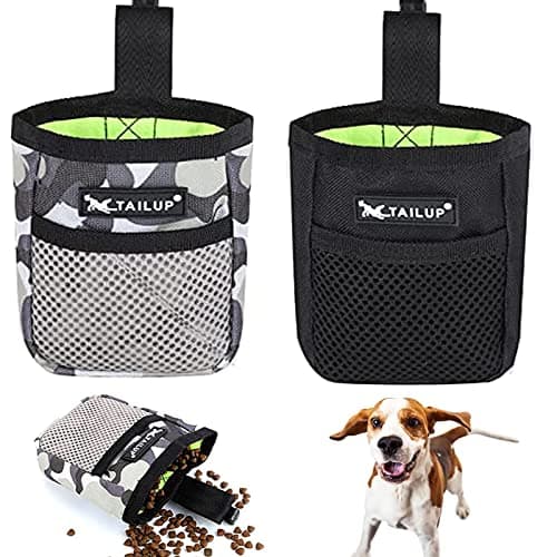 Image of Lanjue 2 Pieces Small Dog Treat Bags, Black and Camouflage Color Dog Treat Pouch with Waist Belt Clip 600D Oxford Cloth Dog Walking Bag Treat Pouch for Dog Training