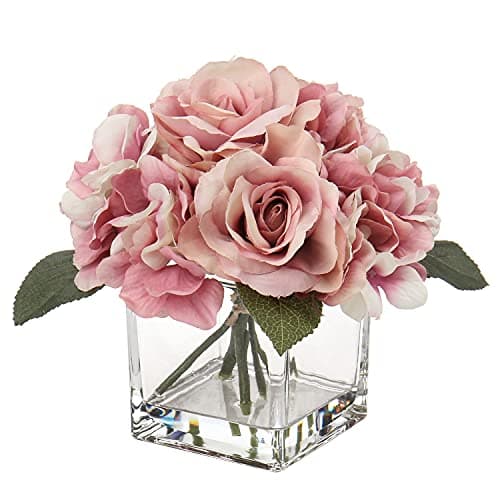 Image of Briful Artificial Roses Artificial Flowers in Vase Silk Roses Hydrangeas in Fake Water for Wedding Decoration Fake Flowers with Glass Vase Arrangement for Home Room Decor Table Centerpieces