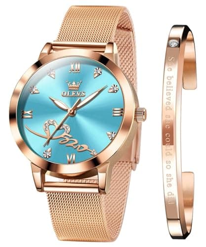 Image of OLEVS Ladies Watches Rose Gold Mesh Strap Fashion Dress Quartz Waterproof Luminous Female Wrist Watches for Women Bracelet Sets