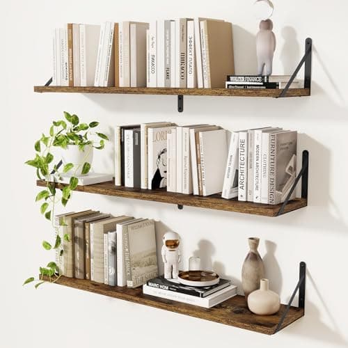 Image of Feihorrm Floating Shelves Set of 3, Vintage Brown Wall Shelves, 90 x 20 cm Book Shelf, Shelves for Wall, Wooden Shelves Wall Mounted Shelf for Home Kitchen Bathroom Bedroom Living Room Office