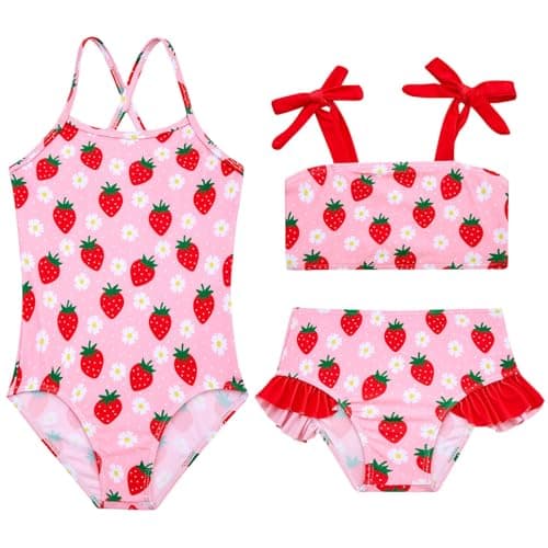 Image of Kids4ever Girls 3 Piece Swimsuits Strawberry Printed Bikini Set Quick Dry Swimming Costume with Adjustable Straps Bathing Suit for Kids 3-4 Years