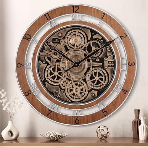Image of Lafocuse Real Moving Gears Wall Clock Brown Vintage, 21 Inch Steampunk Gear Clocks with Arabic and Roman Numerals, Wooden Farmhouse Industrial Large Wall Clock for Living Room Decor Kitchen Home