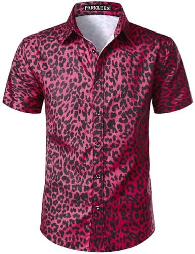 Image of PARKLEES Men's Leopard Print Shirt Casual Cheetah Printed Short Sleeve Button Down Shirt Hot Pink Large