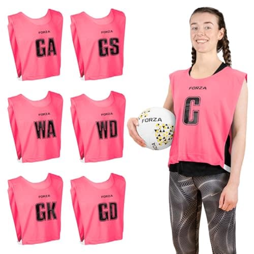 Image of FORZA Pro Netball Bibs [7 Pack] | Full Netball Player Position Bib Pack Available in 7 Colours - Breathable and Comfortable Bibs for Schools & Clubs (Pink, Medium)