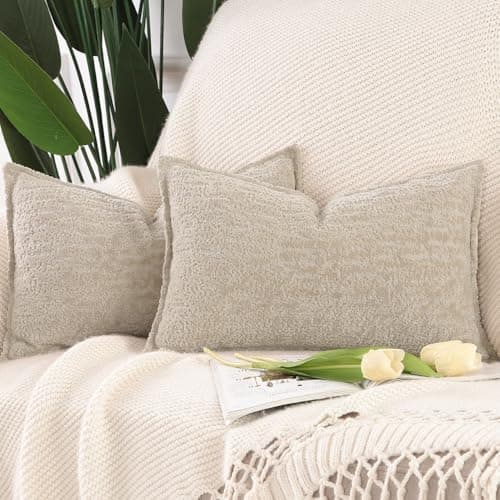 Image of Madizz Pack of 2 Chenille Velvet Cushion Covers 30x50 cm Light Taupe Soft Neutral Decorative Throw Pillow Covers Accent Boho Pillowcases for Couch Sofa Modern Farmhouse Home Decor