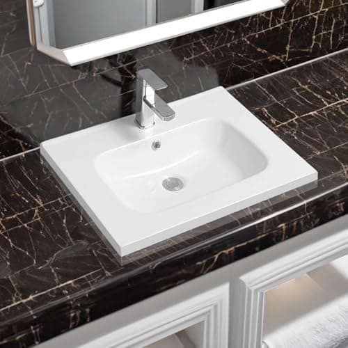 Image of Limoge 5414 Ceramic 61cm Mid-Edge Inset Bathroom Basin with Oval Bowl - Modern Drop-in Self-Rimming Top-Mount Rectangular Sink for Vanity or Countertop Installation