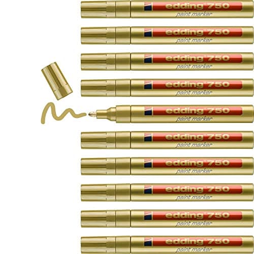 Image of edding 750 paint marker - gold - 10 pens - round tip 2-4 mm - paint marker for marking and labelling metal, glass, rocks or plastic - heat-resistant, permanent, smudge-proof and waterproof