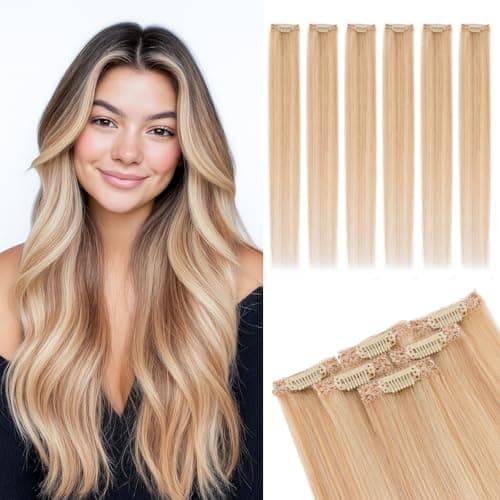 Image of MY-LADY Human Hair Clip in Extensions 6PCS #18/613 Ash Blonde Mix Bleach Blonde Double Wefted Clip in Hair Extensions Real Human Hair Straight Remy Highlights Hairpieces for Women 10 Inch 31g