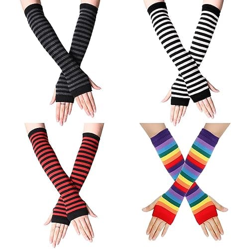 Image of ZOCONE 4 Pairs Striped Arm Warmers Fingerless Gloves for Women, Knit Gloves Long Wrist Warmers Autumn Winter Accessories