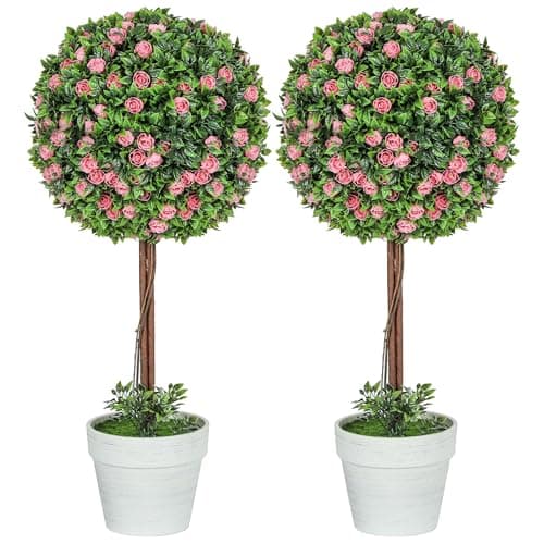 Image of HOMCOM Set of 2 Decorative Artificial Plants, Ball Topiary Tree with Rose Flower in Pot, Fake Plants for Home Indoor Outdoor Decor, 60cm, Pink