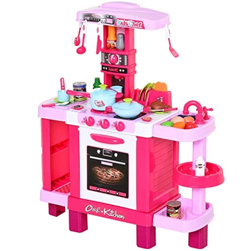 Image of HOMCOM 38 Pcs Kids Children Kitchen Play Set w/Realistic Sounds Lights Food Utensils Pots Pans Appliances Toy Game Pink