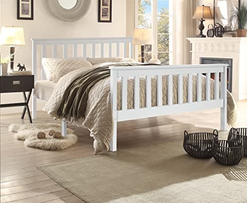 Image of XEO HOME White 3ft Single Wooden Bed Frame Solid Pine Wood Furniture Shaker Stylish Finished Headboard High Foot End Adults Kids Teenagers 98X198X82cm (3ft-Single-Bed-Frame-Only)