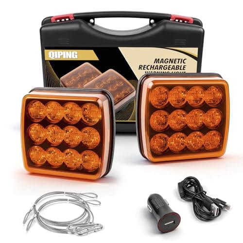 Image of Qiping 2 Pack Orange LED Warning Lights, Amber Wireless Strobe Light with Magnetic Base, Rechargeable, Waterproof, E mark Approved for Vehicle Road Safety Emergencies