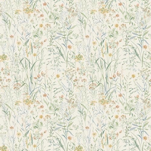 Image of Grandeco Free Flower Summer Meadow Sprigs and Grasses Smooth Wallpaper, Neutral Green