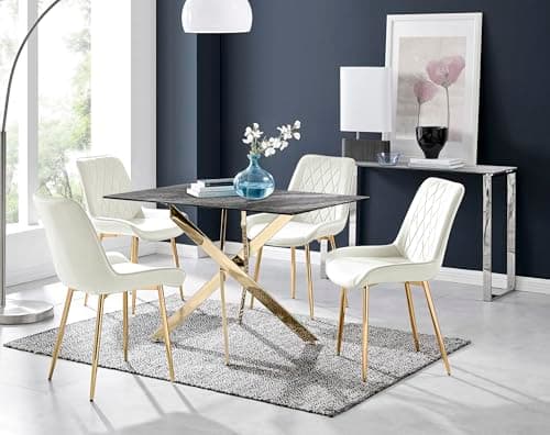 Image of Furniturebox UK Leonardo Dark Glass Marble Effect Gold Leg Table & 4 Cream Pesaro Gold Leg Chairs