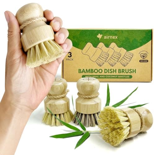 Image of AIRNEX Bamboo Dish Brush Set of 3 - Natural & Non Toxic Dish Scrubber w/Sisal & Coconut Bristles, Non Scratch Bamboo Scrub Brush for Dishes, Pots & Pans w/Plastic Free Sisals - FSC Certified