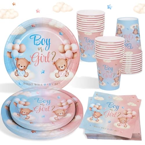 Image of Gender Reveal Decoration Bear Plates and Napkins, 96Pcs Teddy Bear Baby Shower Plates Cups and Napkins Blue and Pink Baby Gender Reveal Decorations Boy or Girl Party Supplies for 24 Guests