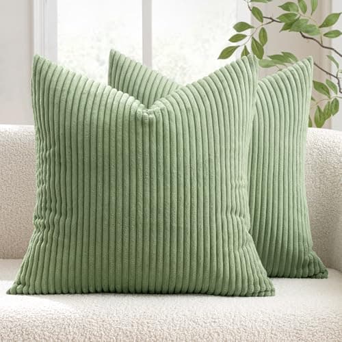 Image of MIULEE Set of 2 Striped Corduroy Square Throw Pillow Case Soft Cushion Covers Sham Home for Sofa Couch/Bedroom Decorative Fluffy Large Pillowcases 18x18 Inch 45x45cm Sage Green