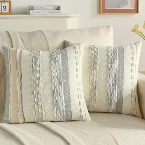 Image of FUTEI Set of 2 Soft Chenille Tufted 45cm x 45cm Cushion Covers Colorful Striped Textured Scatter Pillow Covers 45 x 45 cm Modern Boho Accent for Sofa Bed Living Room, Grey Blue+White