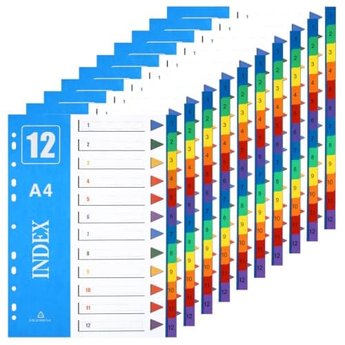 Image of XHDA 1-12 Part Dividers A4, 10 Pack Multi-Colour Plastic A4 Index Folder Subject Dividers, 11-Holes Lever Arch Files Dividers Ring Binders for Office School