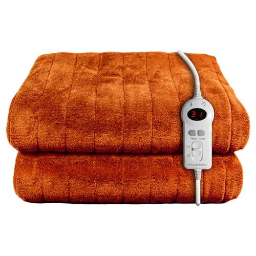 Image of Russell Hobbs Electric Blanket Orange Heated Throw Sherpa & Microfleece 130 x 180 cm with Digital Remote, Auto Shutoff Overheat Protection 12 Hour Timer, 9 Heat Settings 2 Year Guarantee, RHHT1003OR