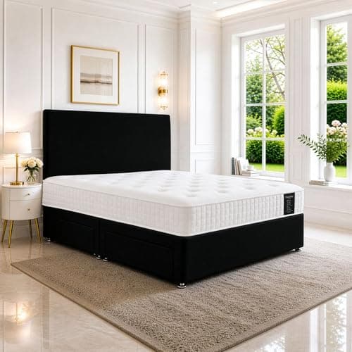 Image of SANA SLEEP Sleek 4FT Small Double Bed with Pocket Sprung Mattress & 2 Drawers | Compact Bedroom Set | Sturdy Frame for Comfort | Chic Divan Design | Modern Spaces Furniture (Black Plush)