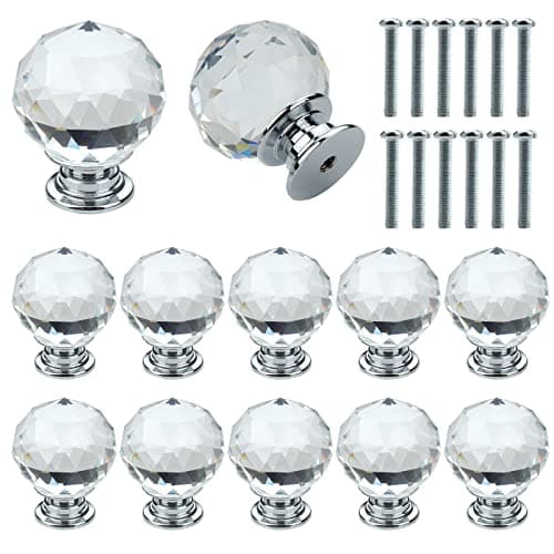 Image of Roellgs 12 Piece 30mm Crystal Ball Glass Diamond Door Knobs with Screws, Premium Light Luxury Knobs Wardrobe Cupboard Drawer Knobs Single Hole Knobs (Clear)