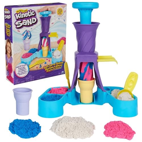 Image of Kinetic Sand, Soft Serve Station with 396g of Play Sand (Blue, Pink and White), 2 Ice-Cream Cones and 2 Tools, Sensory Toys for Kids Aged 5 and up
