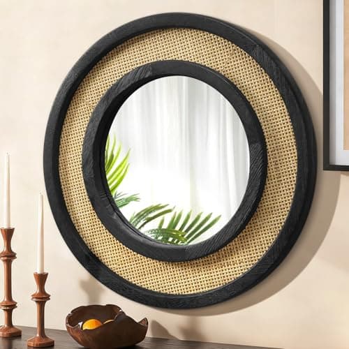 Image of JJUUYOU Circle Wall Mirror with Wood Framed Round Rattan Hanging Mirrors Large Decorative 40cm for Bedroom Living Room Bathroom Entryway Hallway