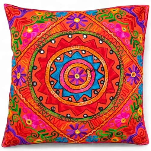 Image of Original Kikan Suzani Multi Colour Floral Embroidery 24" x 24" 60 x 60 cms Indian Ethnic Floor Cushion Cover Sofa Pillow Zipper Vegan (ORANGE)