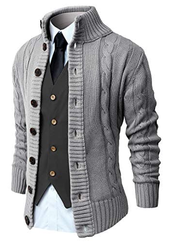 Image of NITAGUT Men's Cardigans Long Sleeve Stand Collar Sweaters Button Down Cable Knitted Sweater(Grey,XL)